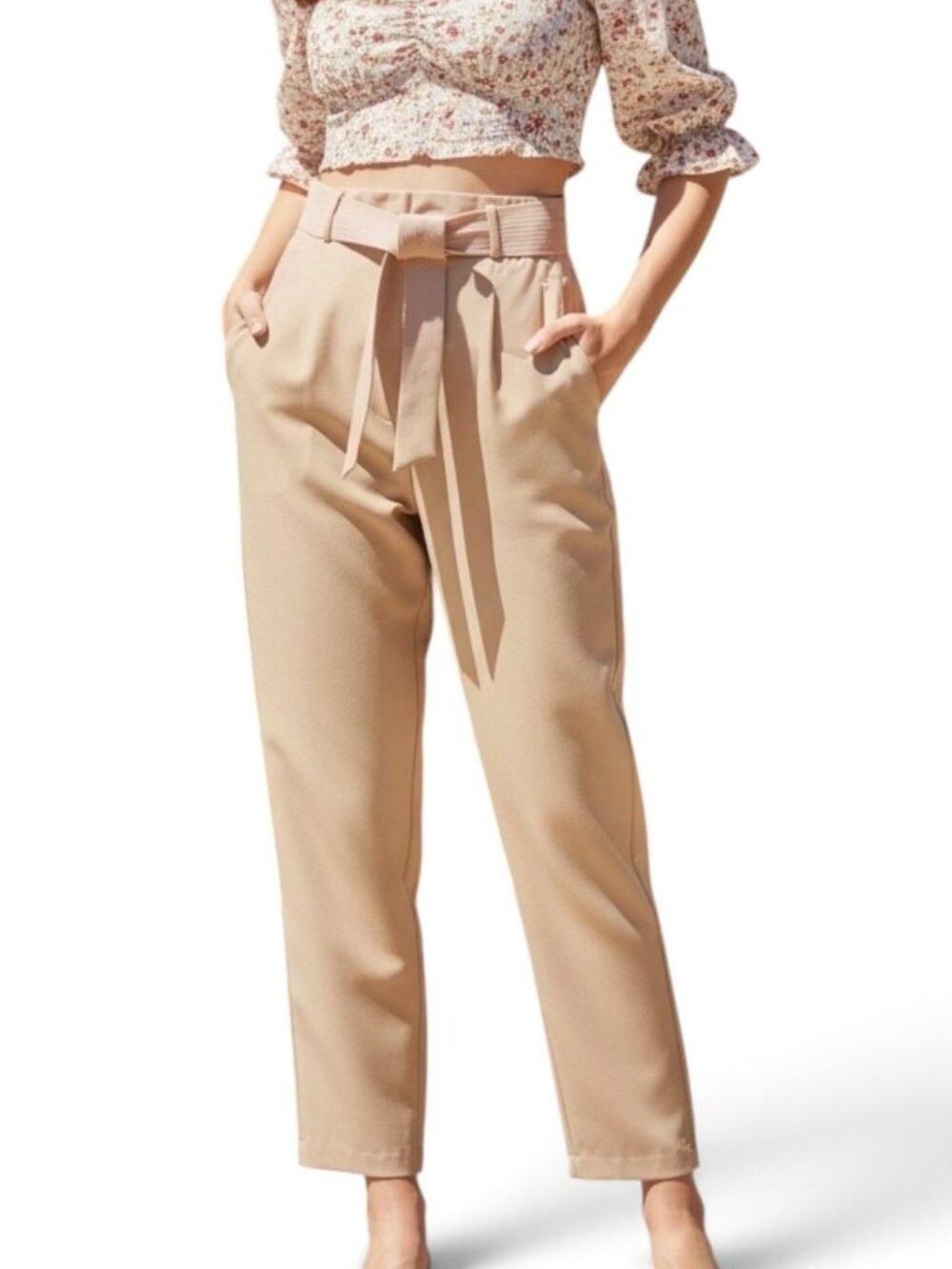 Shinestar Beige Belted High Waist Lightweight Tapered Pants L NWT